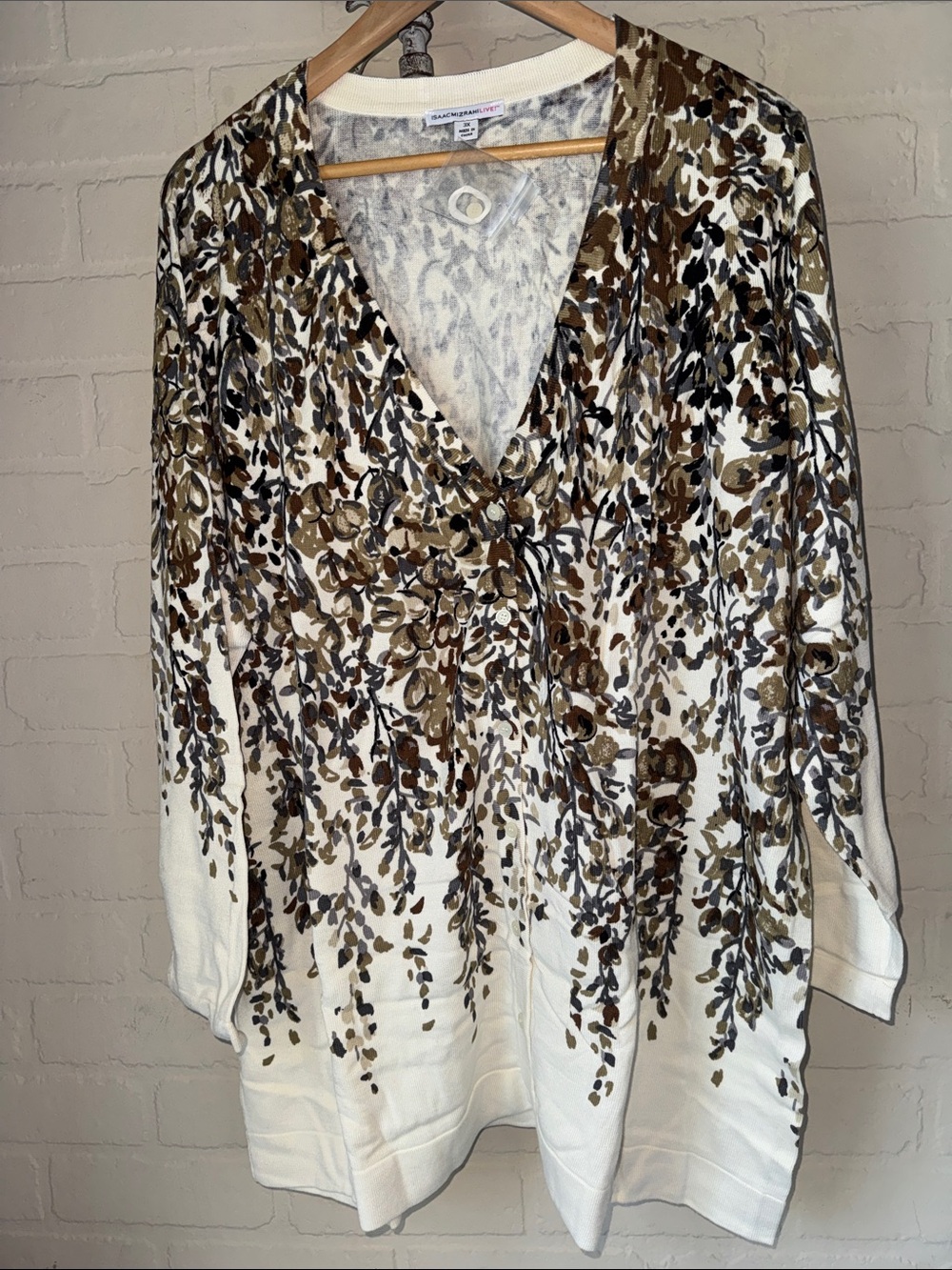 Isaac Mizrahi live cream Floral Print V Neck cardigan 3x New